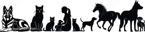 animals, pets, silhouettes, wildlife, companions, harmony, nature, domestic, mammals, friendship, collection, family, fauna, profile, lineup, diversity, bond, unity, care, life