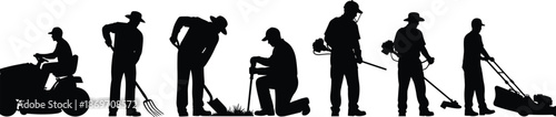 landscaping, gardener, mowing, lawncare, groundskeeping, maintenance, yardwork, outdoor, workers, silhouette, gardening, trimming, 