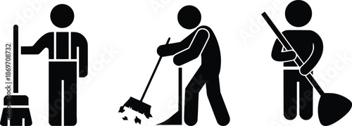 Cleaning Worker and Janitor Icon Set with Broom and Mop, Black Silhouette Illustration