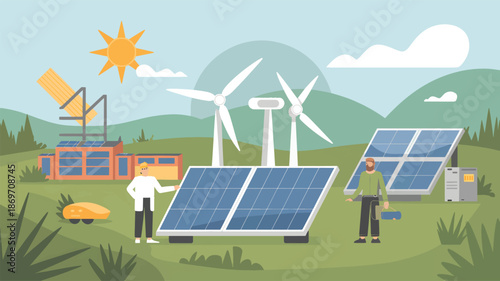 Renewable energy farm with solar panels and wind turbines, green field hills