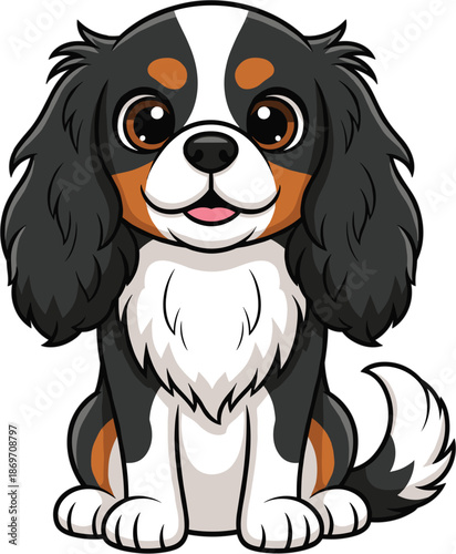 Adorable cartoon Cavalier King Charles Spaniel dog vector illustration sitting isolated on white background for pet lovers and kids.