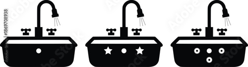 Wash Basin Sink Icon Set with Faucet, Black and White Bathroom Symbol Illustration