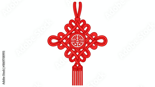 Vector Decorative Knot with Circular Central Symbol and Tassels in Traditional Red Style