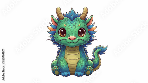 Cute Fantasy Dragon Vector Illustration for Children's Design in Whimsical Style with Bright Green Blue and Pink Colors