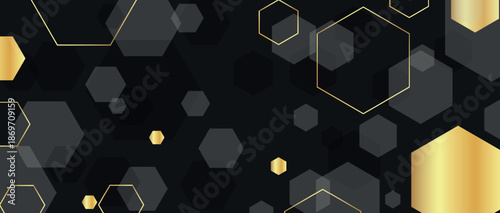 Black abstract background with overlapping hexagon shapes decoration. Luxurious and modern hexagon line design for cover, banner, brochure, marketing and website. VOL. 5