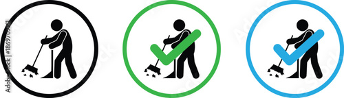 Cleaning Service Worker Icon Set with Check Mark, Maintenance and Janitor Symbol