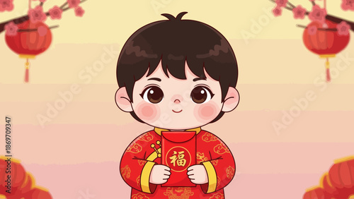 Cute Cartoon Vector Illustration of Child in Traditional Chinese Outfit for Spring Festival Celebrations in Bright Red and Gold Colors in Minimalist Style