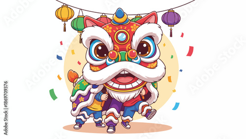 Festive Lion Dance Vector Illustration with Colorful Lanterns in Traditional Style