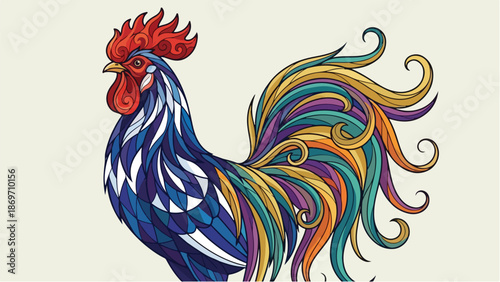 Colorful rooster illustration with vibrant feathers and detailed design.