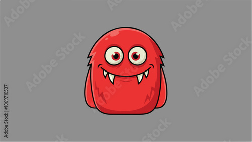Cute red monster with big eyes and sharp teeth smiling happily.