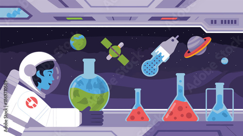 An astronaut in a spacesuit holding a flask with green liquid on a space station laboratory flask