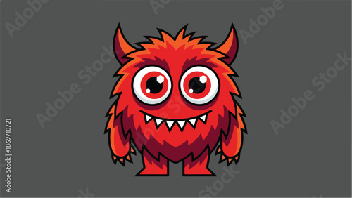 Cute Red Monster with Spiky Fur and Big Eyes on Gray Background.