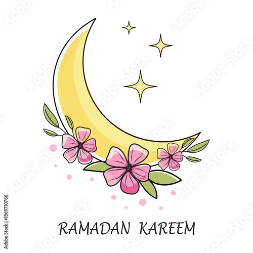 Ramadan Kareem greeting card with crescent moon and flowers. Vector illustration. Line art.