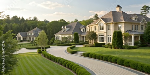 Luxury House with Curved Driveway and Well-Manicured Lawn in Suburban Neighborhood during Daytime