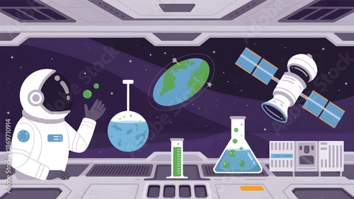 An astronaut in a space station laboratory with Earth and a satellite