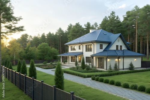 Modern White House with Blue Roof in Forest during Sunset