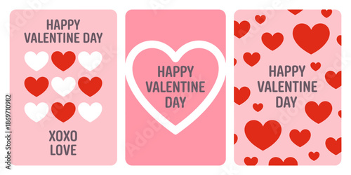 Set of three pink Valentine's Day greeting cards with hearts isolated on transparent background
