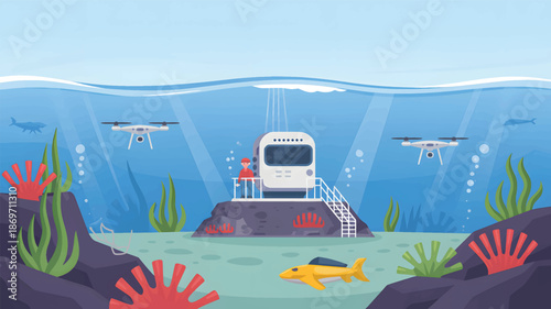 Underwater habitat with drones and marine life, ocean floor, coral reefs, and seaweed