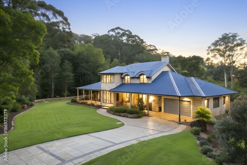 Luxury Modern House with Blue Roof in Lush Green Forest at Dusk