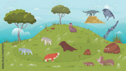 Cartoon of various prehistoric animals on a green hill, tree, and blue sky