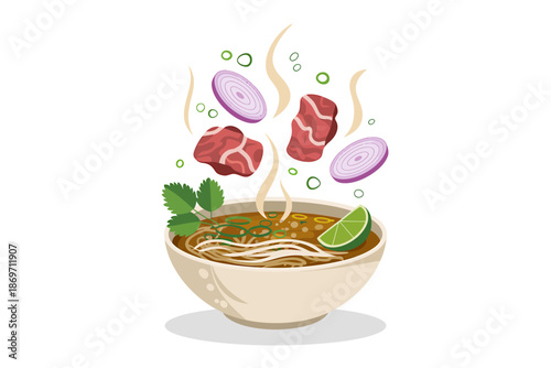 Delicious steaming pho soup with fresh ingredients like beef, onion, cilantro, and lime