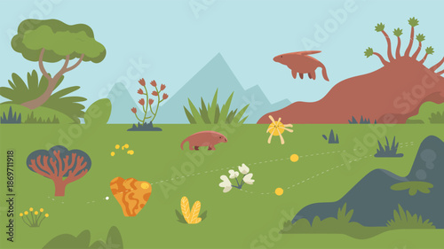 Prehistoric landscape with plants and animals cartoon