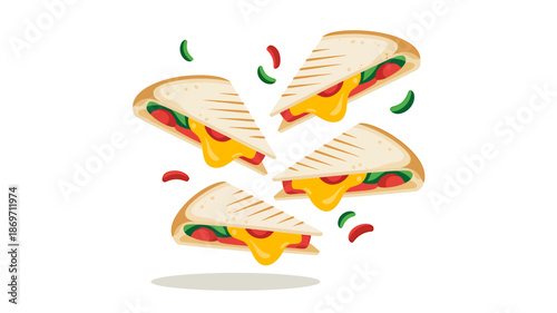 Group of toasted triangle sandwiches with melting cheese and vegetables isolated on transparent background