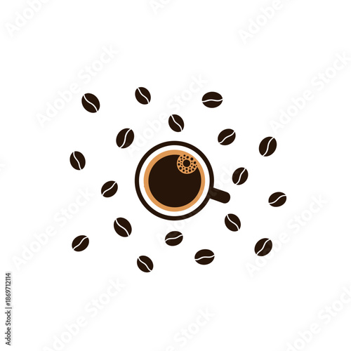 Coffee Cup with Beans - Top View Flat Design