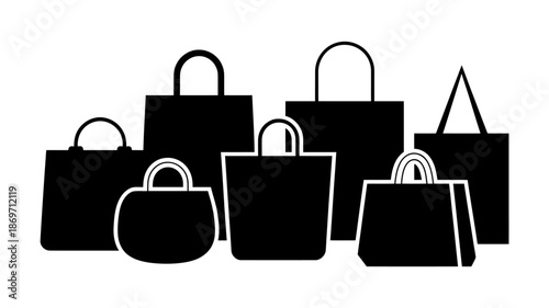 Silhouette set of various shopping and gift bags isolated on transparent background