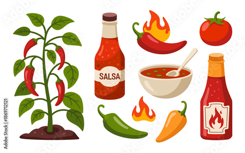 Hot chili pepper elements collection with plant and spicy sauces isolated on transparent background