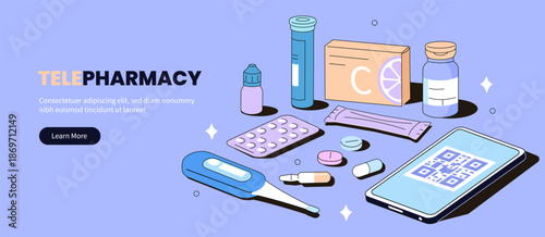 Pharmacy technology isometric illustration with pills, supplements, capsules, tablets, sachet. Telepharmacy, health tech innovation concept vector.