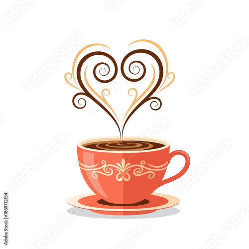 Heart shape steam from coffee cup illustration, love for coffee concept