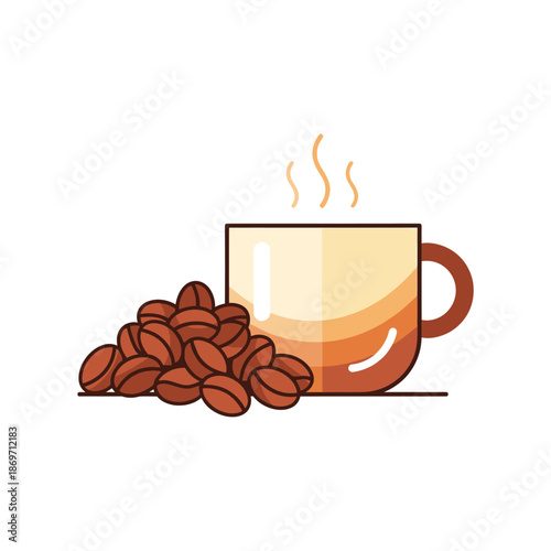 Steaming Coffee Cup and Roasted Beans Flat Illustration