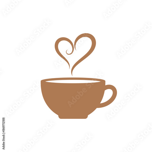 Brown coffee cup with steam forming a heart shape, isolated on white background