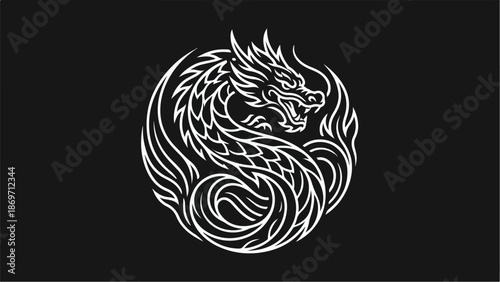 Elegant Dragon Illustration in a Circular Design on Black Background.