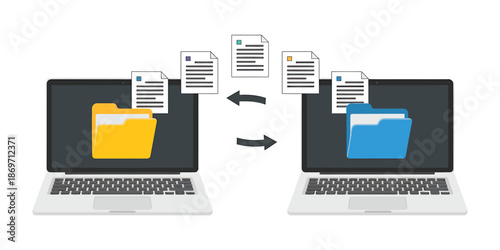 Data synchronization and file transfer between two laptop computers, isolated on transparent background