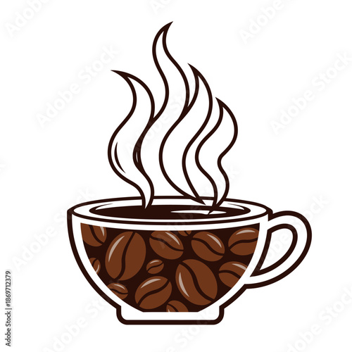 Hot Coffee Cup Filled with Beans, Steaming Aroma, Vector Illustration