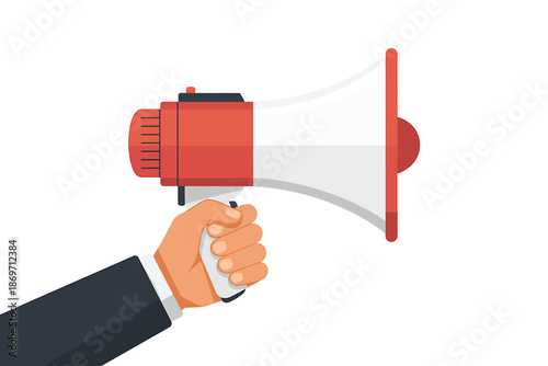 Professional hand in suit holding red and white megaphone for announcement, isolated on transparent background
