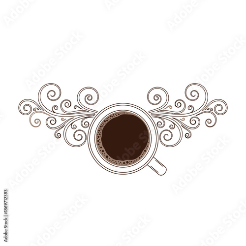 Overhead view of a cup of coffee with decorative swirls, white background