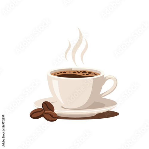 Steaming Cup of Coffee with Roasted Beans on Saucer - Vector Illustration