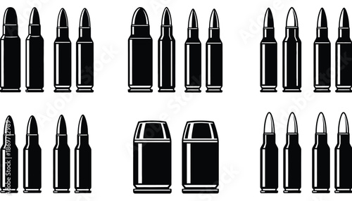 A collection of black bullet icons and ammunition magazines on a white background