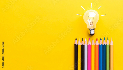 Light bulb lights up above colorful pencils arranged on yellow background. Idea generation concept, creative process visual, innovation inspiration, new beginnings, artistic tools