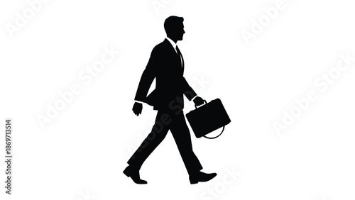 Silhouette of a determined businessman walking purposefully forward while carrying a classic leather briefcase symbolizing corporate ambition and career progression