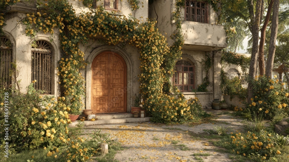 Fototapeta premium Enchanting Cottage Entrance A Fairytale Home with Lush Greenery.