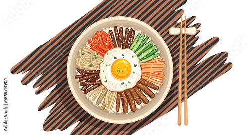 Appetizing top-down illustration of a colorful Korean bibimbap bowl with vegetables, meat, and a fried egg served on white rice.