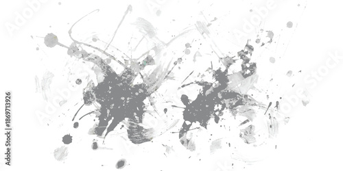 Grey paint splatters and ink splashes on a plain white background for abstract design