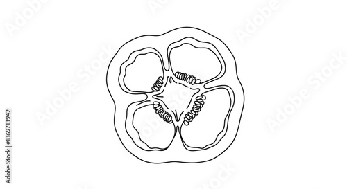 Simple black and white line art drawing showing the internal cross-section of a bell pepper with its central core and seeds.