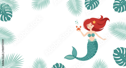 Whimsical illustration of a mermaid with long red hair holding a small crab, surrounded by tropical palm and monstera leaves.