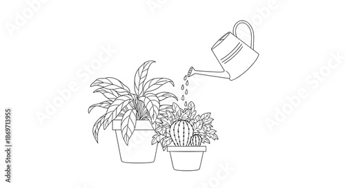 Simple line art drawing of a watering can pouring water onto two different types of potted plants, including a small cactus plant.