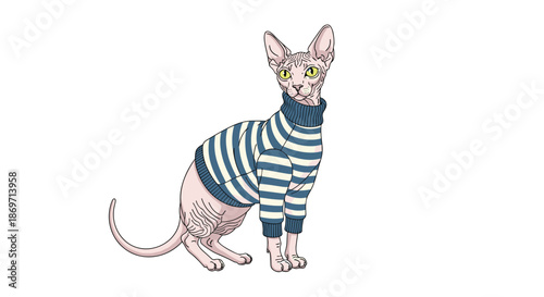 Character illustration of a hairless Sphynx cat sitting calmly while wearing a blue and white horizontal striped knitted sweater.